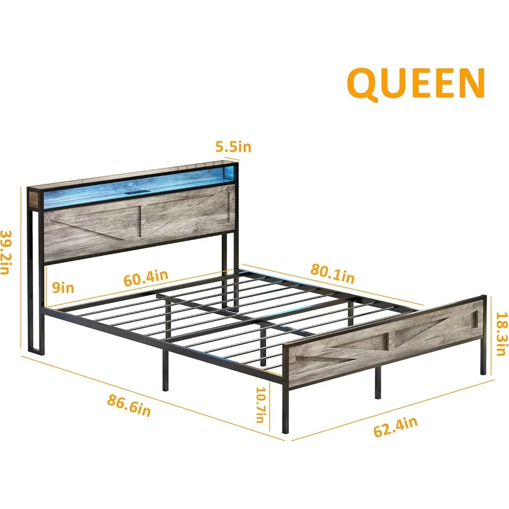 LED Queen Size Bed Frame with Charging Station, Platform Metal Headboard Storage & USB Ports Outlets, Farmhouse Lights image 2