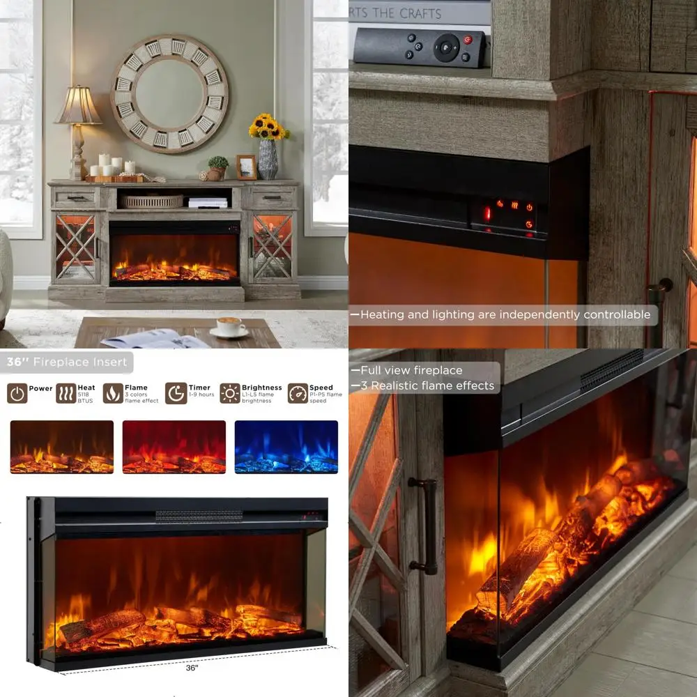 

70-Inch TV Stand with 36-Inch 3-Sided Glass Electric Fireplace, Entertainment Center for TVs up to 80-Inch