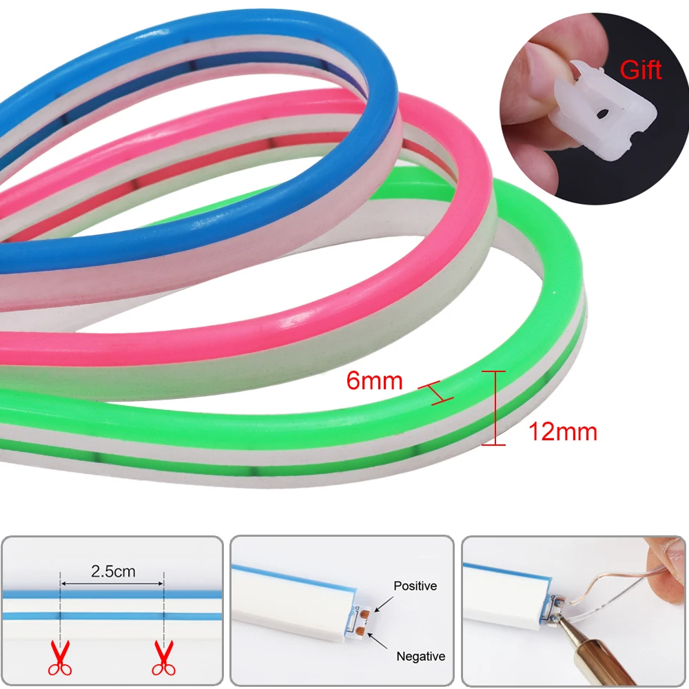 Impermeável LED Neon Sign Light Strip, Flex, Tubo de Silicone, Lâmpada com Fio 2Pin, Luzes Corda, Decoração, 5V, 12V, DC, 6x12mm, 10 Cores