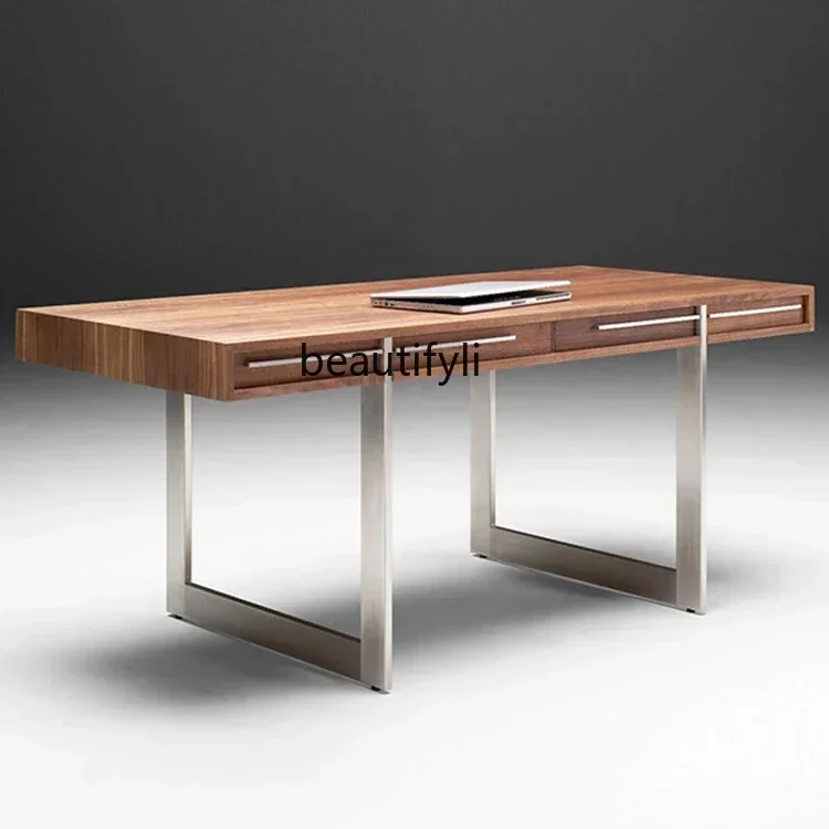 

02 Italian minimalist desk black walnut bedroom simple modern study solid wood simple desk household