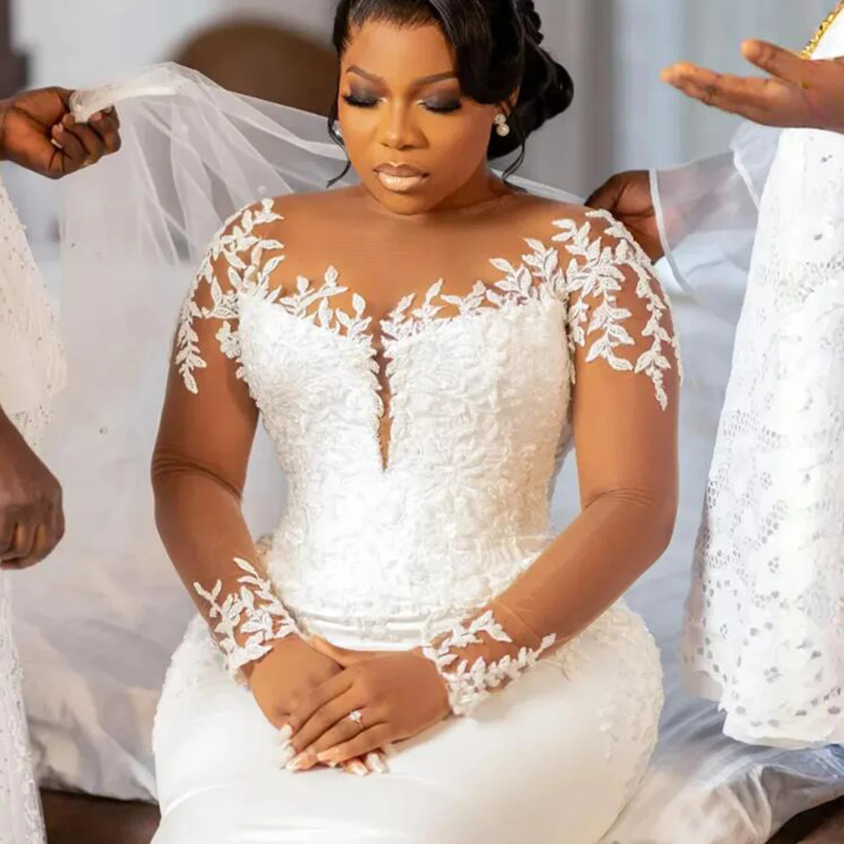 

Aso Ebi Mermaid Wedding Dresses For Bride O Neck Stain Bridal Gowns Customized Long Sleeves Black Girls Formal Party Clothing