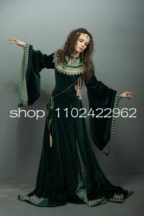 Velvet Historical Medieval Celtic Prom Dresses Hunter Green Long Sleeve Elven Fairy Tudors Renaissance Evening Gown Bustle