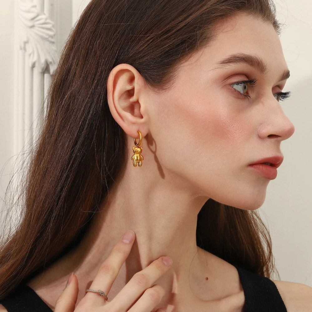 MamacitaSlay Lovely Little Bear Charm 14mm Hoops Hoop earrings 18K Gold Plated Waterproof luxury stainless steel jewelry