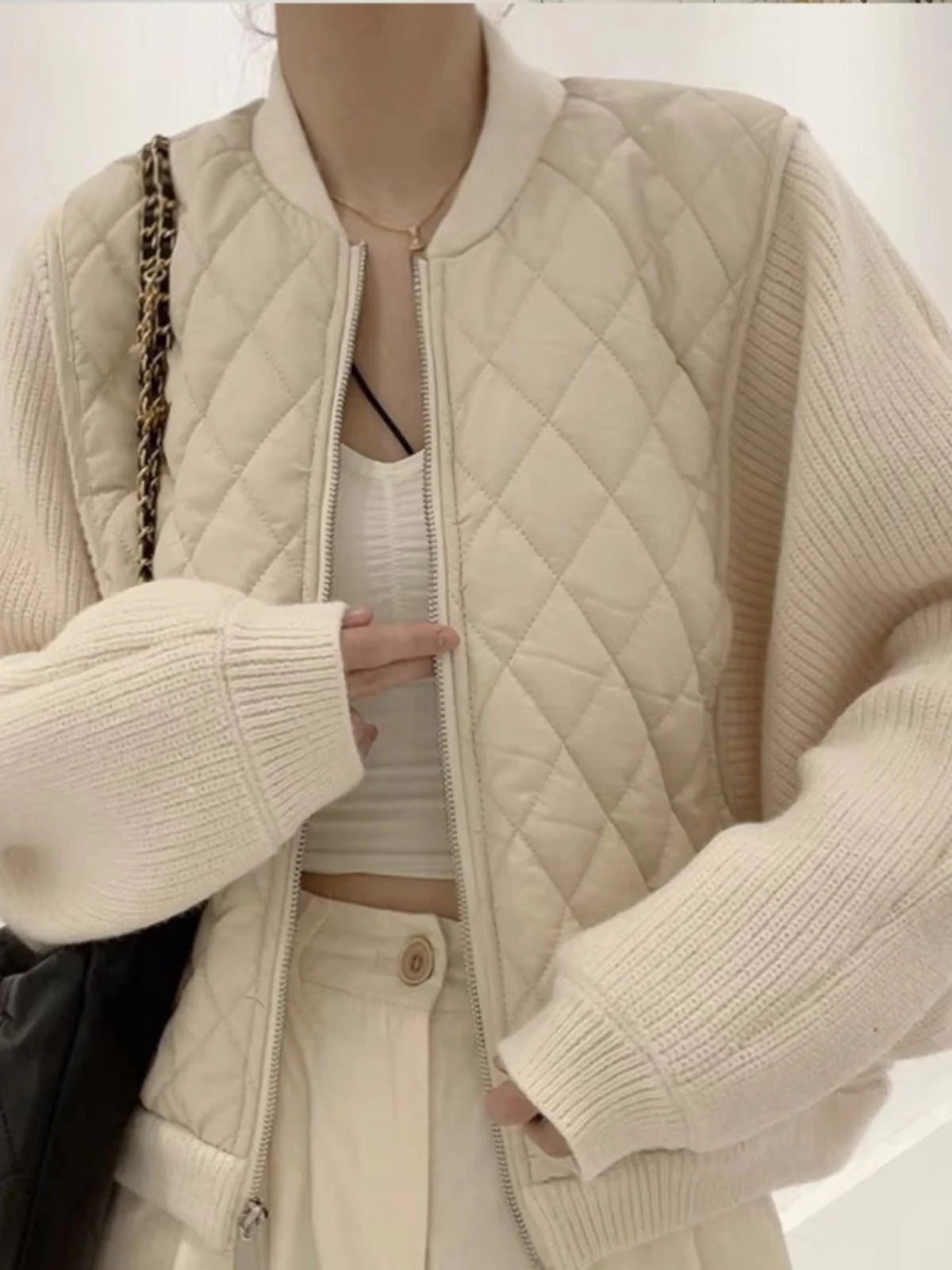 

Зимняя вязаная женская куртка 2024, новинка Sle V-Ne Long Sve Batwing Sve, лоскутная хлопковая верхняя одежда, топ