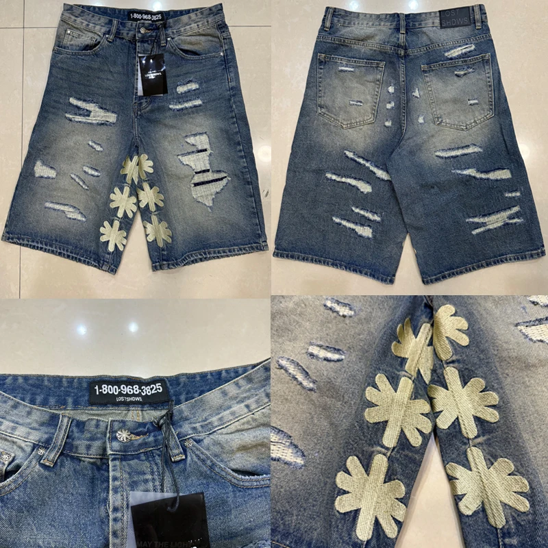 

Реальное изображение, летние новые LOST SHDWS JEANS, модная уличная одежда в стиле хип-хоп, мужские рваные джинсовые шорты с цветочной вышивкой