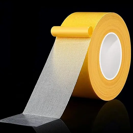 Mesh Double‑Sided Cloth Tape with Yellow Release Liner, Heavy‑Duty High‑Tack Grid Fabric Tape for Carpet Splicing