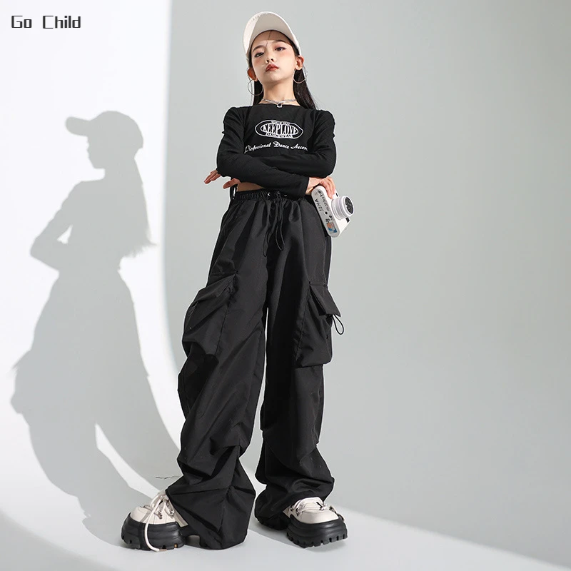 Girls Hip Hop Crop Top Loose Cargo Pants Clothes Sets Children Street Dance Solid Sweatshirt Kids Streetwear Jazz Stage Costumes