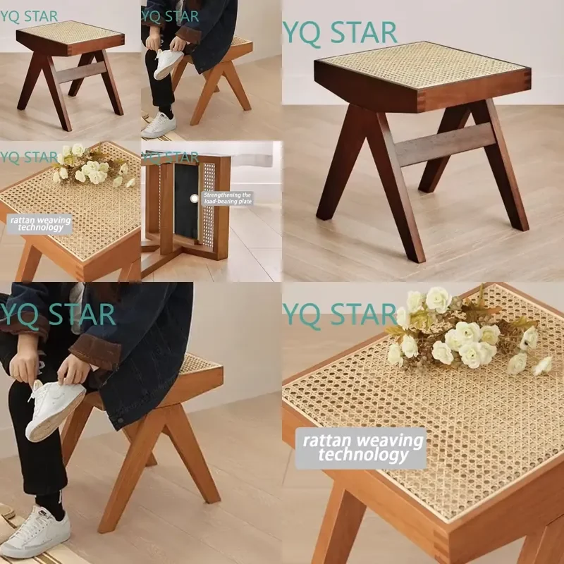 for Rattan Hallway Ottoman Modern Home Decor Solid Wood Oak Entryway Footstool Portable Nordic Low Footrest Bedroom Living