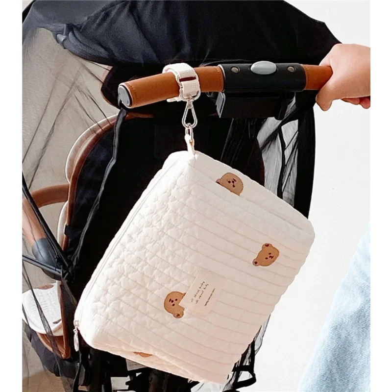 Embroidered mummy bag multifunctional bear diaper storage bag baby stroller hanging clutch bag