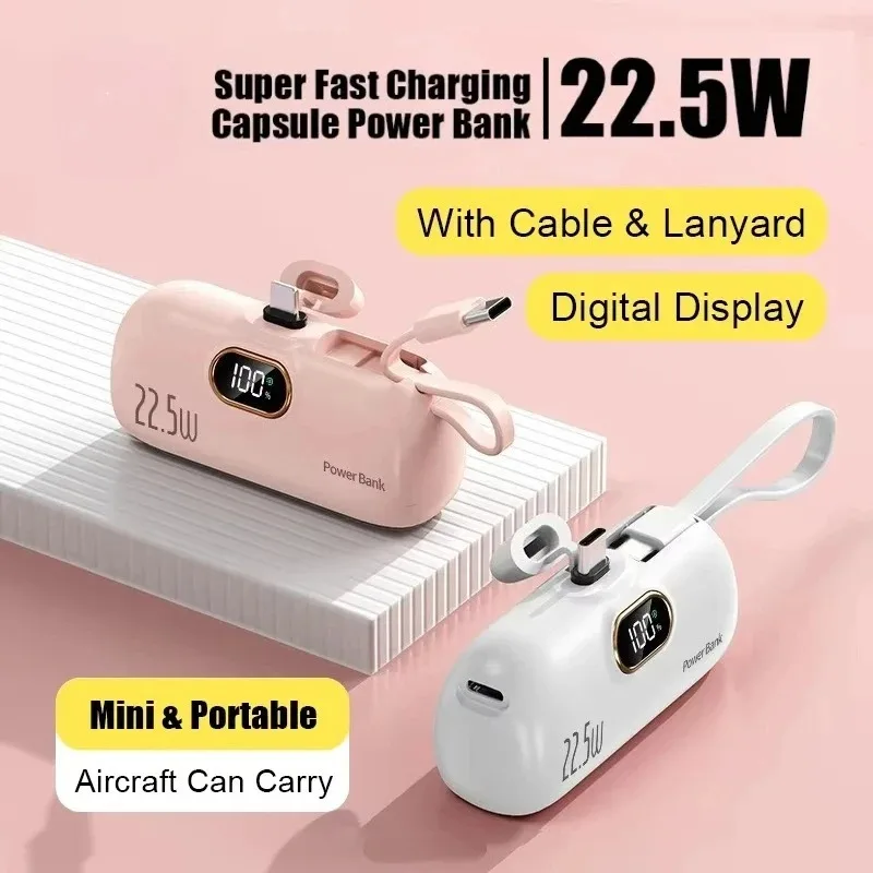 For Xiaomi 30000mAh Capsule Power Bank Fast Charge Portable Mobile Power Supply Emergency External Battery For Type-C iPhone