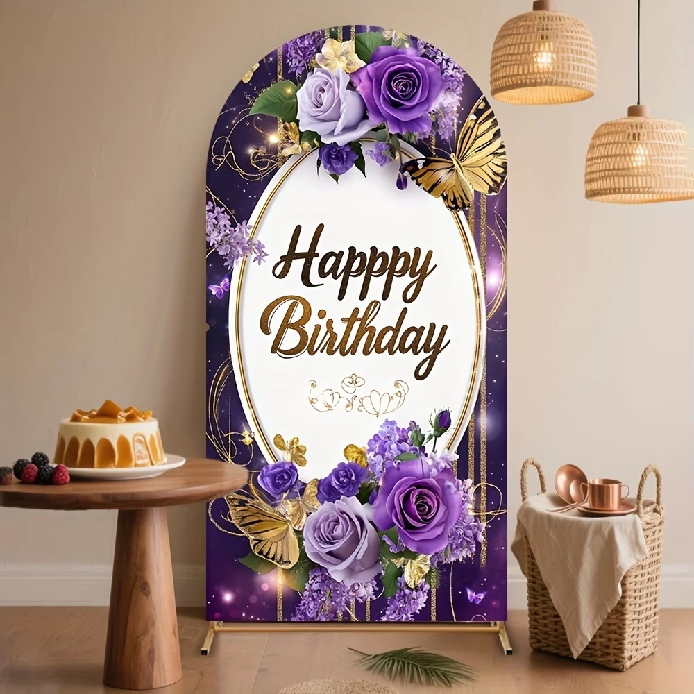 

Custom 2-sided Purple Flowers Happy Birthday Background for Women Golden Butterflies Bokeh Floral Birthday Arched Backdrop