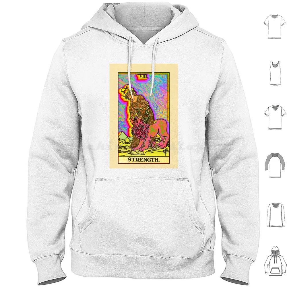 Strength Psychedelic Tarot Card Hoodie cotton Long Sleeve Strength Tarot Lion Trippy Psychedelic Tarot Magic Psychadelic Neon