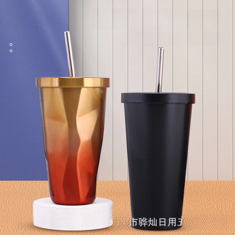 Foreign trade 16oz 304 double-layer stainless steel straw cup gift Cup factory wholesale same vacuum coffee cup with lid Tazos