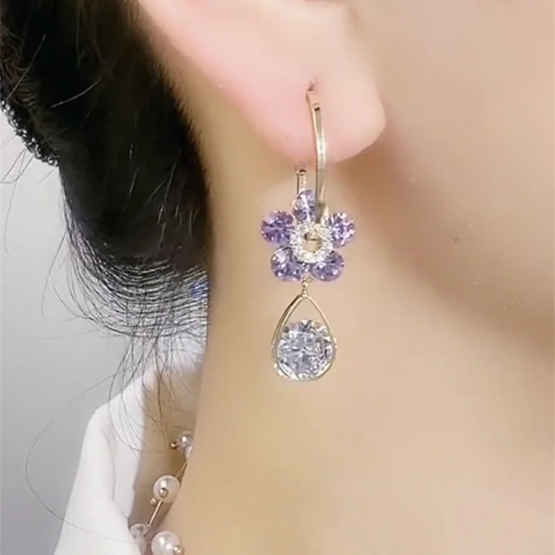 Korean Zircon Flower Hoop Earrings For Women Girls Fashion Long Hanging Earrings Crystal Wedding Party 2024 Trending Jewelry