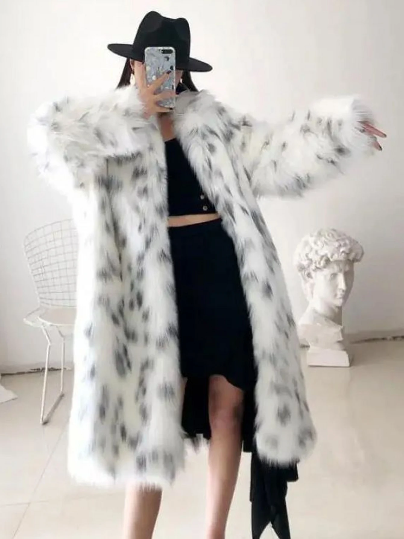 Faux Fur Coat Women's Long Autumn-Winter Fashion Casual Comfort Warm White Leopard Print Long Sleeve Lapel Fox Fur Coat