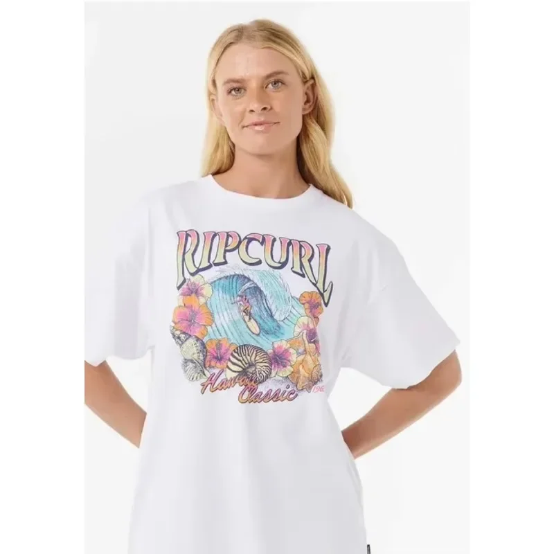 

2025 New Summer Surfing Letter Print T-Shirt Women High Quality Cotton Short Sleeve Sports Beach Comfortable Breathable