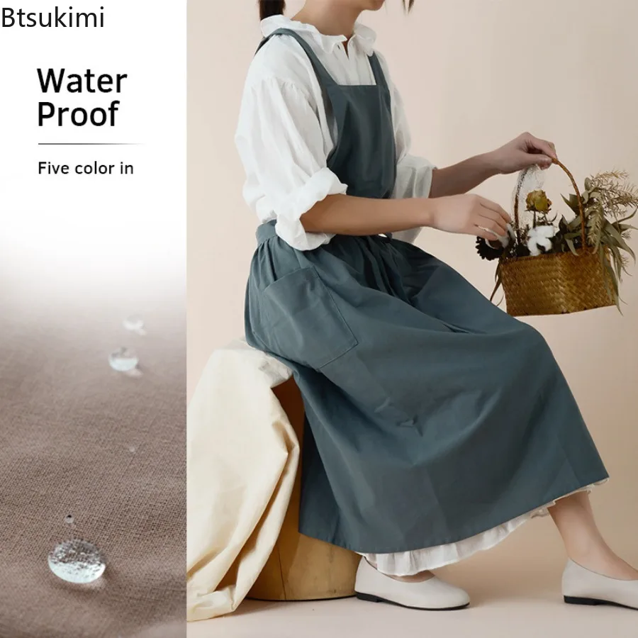 Waterproof Cotton Linen Literary Apron Gardening Coffee Shops Vest Waist Skirt Work Uniform Restaurant Stylish Design Pinafore