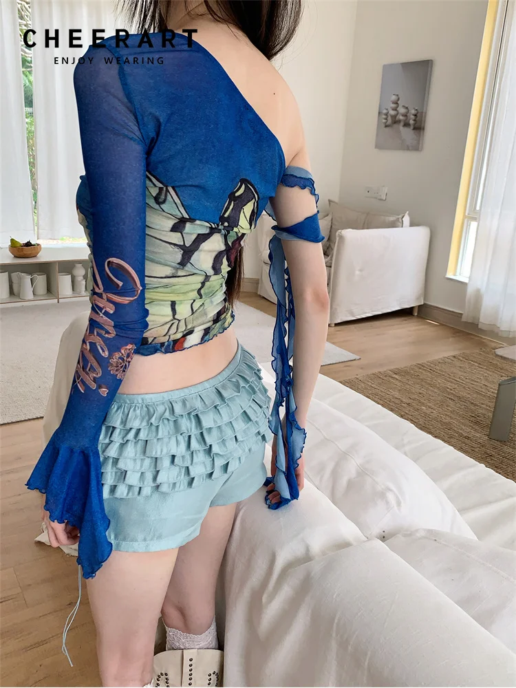 CHEERART Off The Shoulder Blue Butterfly Mesh Top Long Sleeve Tees Graphic T Shirts Flare Sleeve Designer Crop Top Fashion