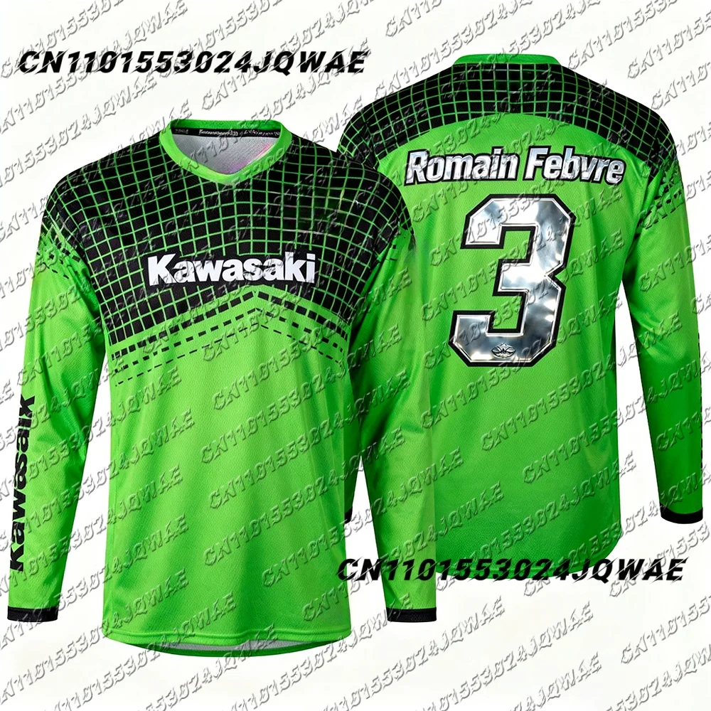 

Women Kawasaki Racing Driver Romain Febvre Long Sleeved Jersey Super Motocross Breathable Quick Drying Tee Men Women Casual Spor