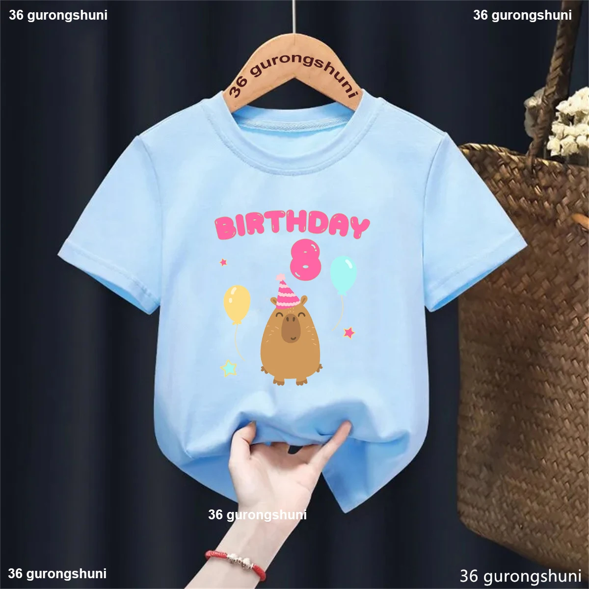 5th/6th/7th/8th/9th Birthday Capybara Balloon Printed Tshirt Girls/Boys Funny Kawaii Kids Clothes Fashion Solid T-Shirt Tops