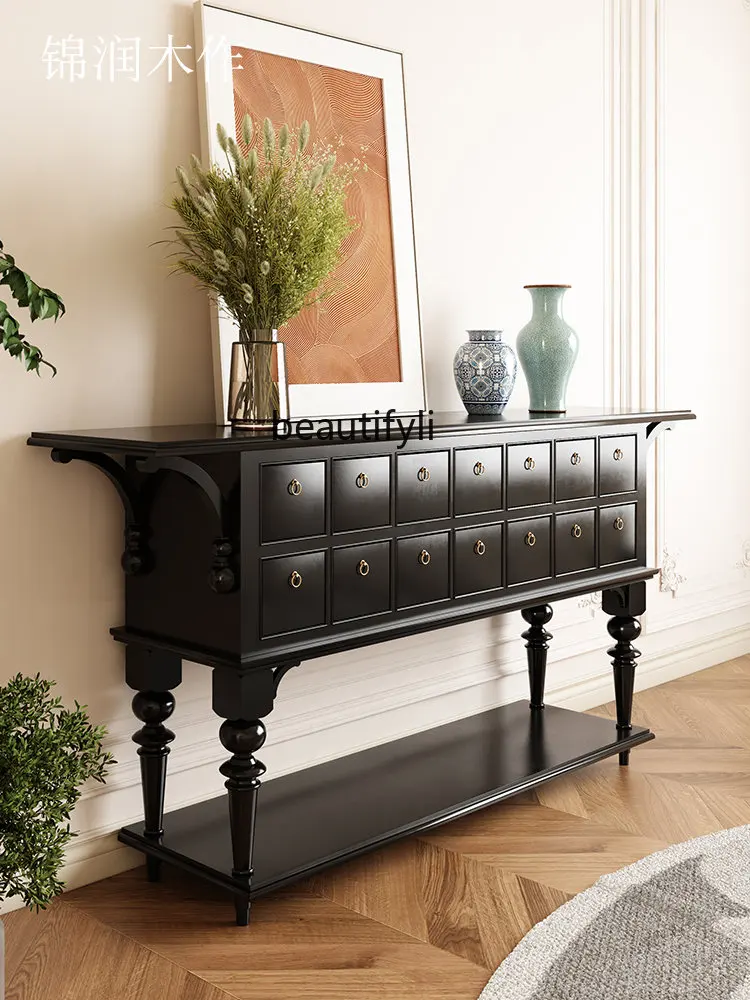 

zq French Retro Black Console Tables Living Room Solid Wood Curio Cabinet Dining Room Wall Sideboard Cabinet Multi-Drawer Locker