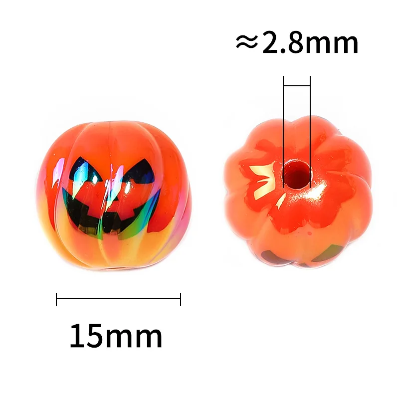 100 Stuks 15Mm Halloween Duivel Pompoen Kralen Uv Vergulde Oranje Wit Acryl Bedrukt Kraal Diy Sleutelhanger Telefoon Ketting Accessoires