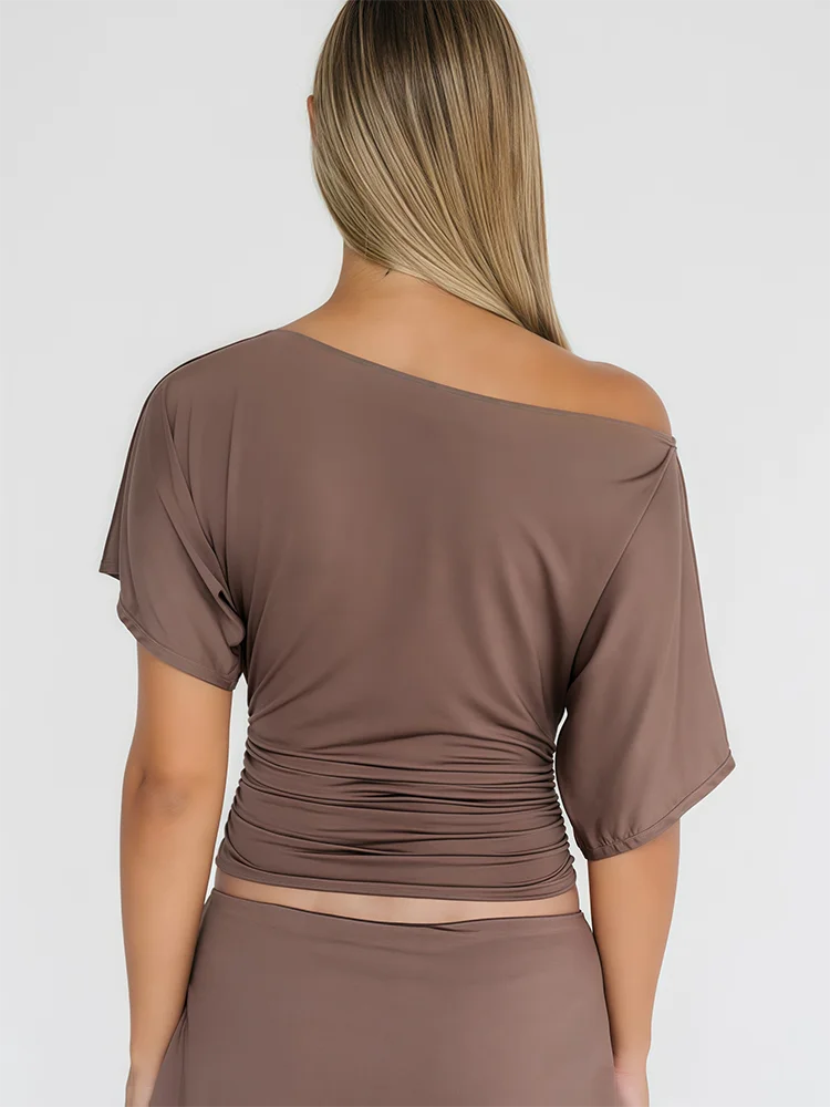 Absobe Off Shoulder Ruched Crop Top Women Basics Solid Color Skew Collar Short Sleeve T-shirts Summer Casual Streetwear Tees image 5