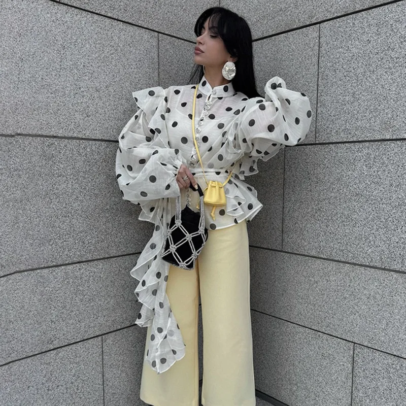 Women's Polka Dot Ruffle Blouse with Lace-Up Neck and Sheer Detail