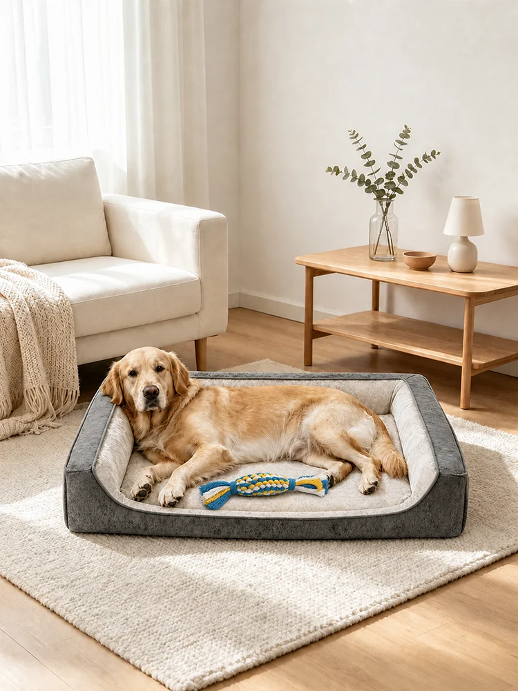 Orthopädisches Hunde- und Katzenbett L/XXL, kühlender Memory-Schaum, hochwertiges Plüsch-Samt-Haustiersofa, kratzfest, beruhigend und komfortabel, waschbarer, abnehmbarer Bezug, rutschfest,