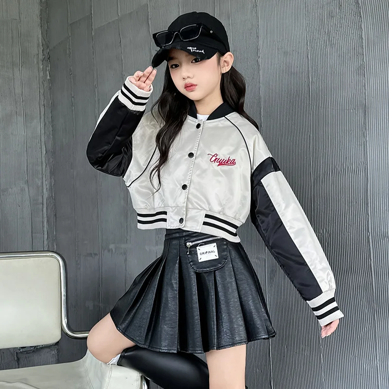 

teenagers girls clothes PU Unwashed baseball jacket fashion splicing girls short coat casual outwear 12 14 kids clothes overcoat