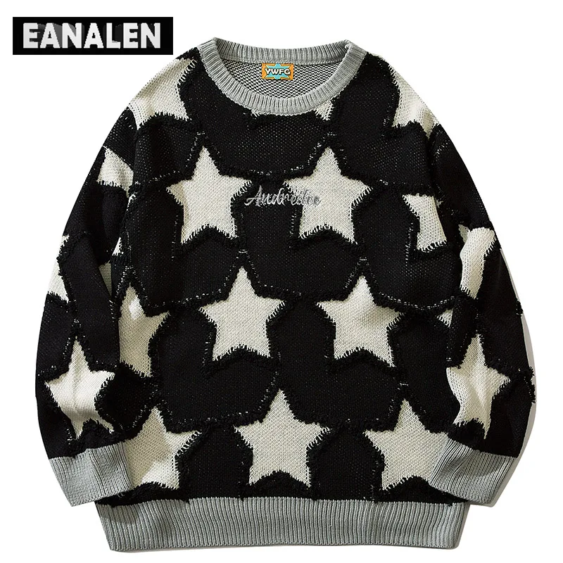 Harajuku Vintage Star Knit Sweater Men's Jumper Oversized Sweater Aesthetic Thick Sweater Grandpa Ugly Sweater Women's Y2K