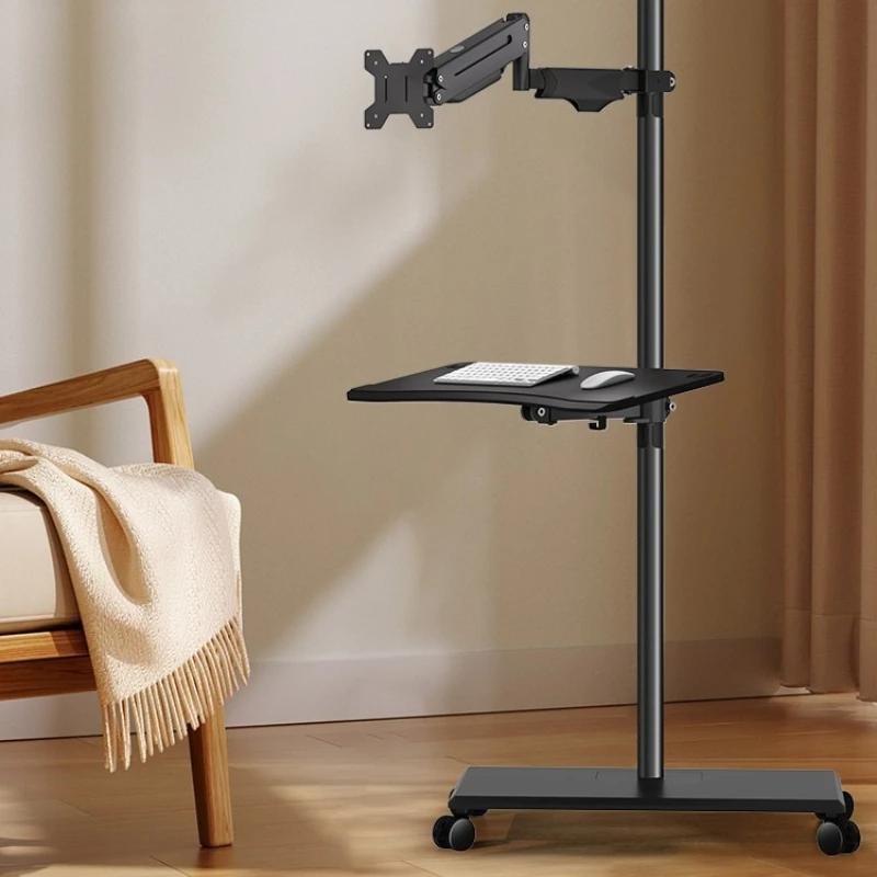 Floor Monitor Stand Pneumatic Lift SPCC Steel 17-32" 360° Rotation 10KG Load Sturdy Mobile Workstation with Keyboard Tray