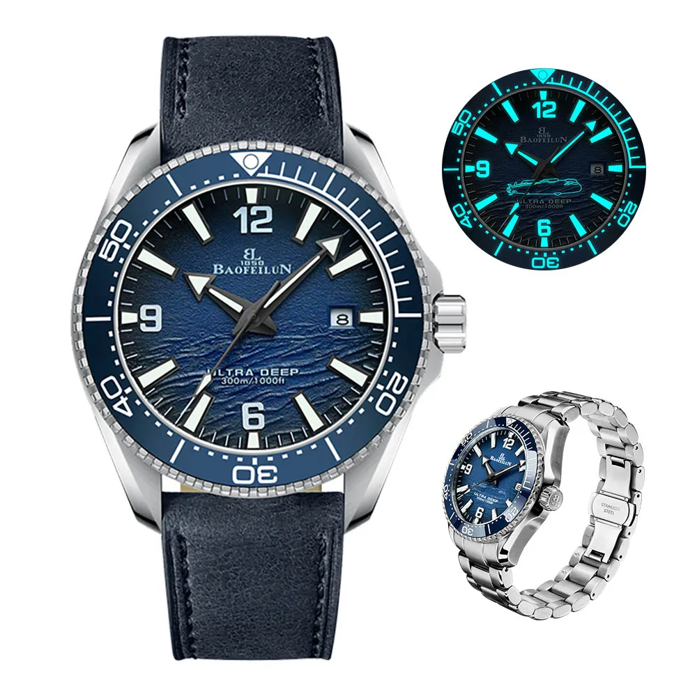 

BAOFEILUN Men's Mechanical Watch, Diver Style Design, Luminous Display, Leather Strap