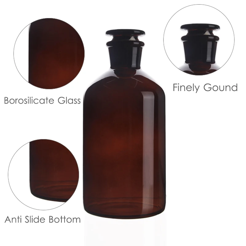 60ml 125ml 250ml 500ml 1000ml Lab Sample Glass Reagent Refillable Bottle Narrow Ground Neck Jars Amber Transparent with Stopper