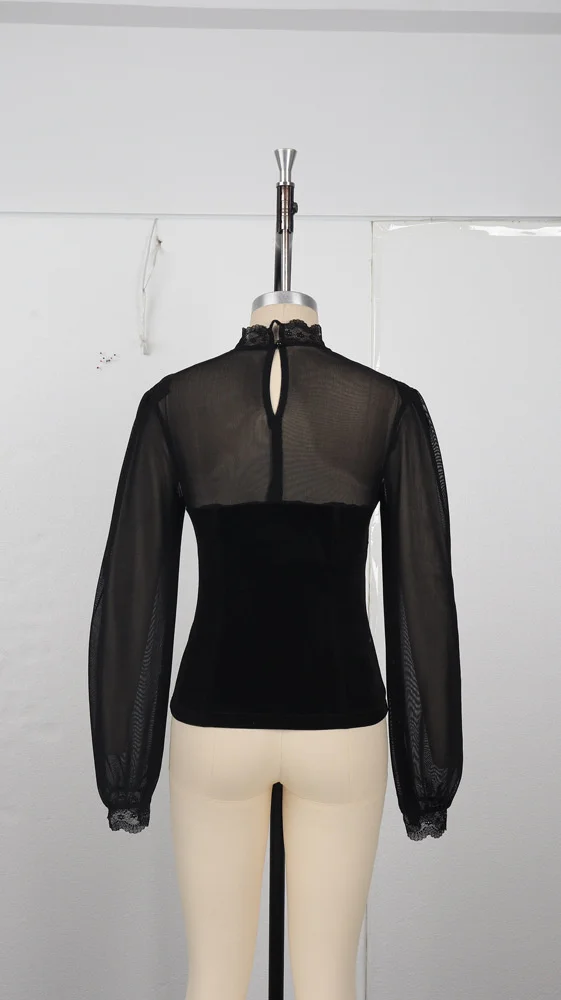 Vintage Elegante Mesh-Damenbluse Schwarze Transparente Slim-Fit Bluse mit Hohem Kragen Spitze Gothic Punk Korsett-Top Langarm Samt Mode-Blusen – Detail 9