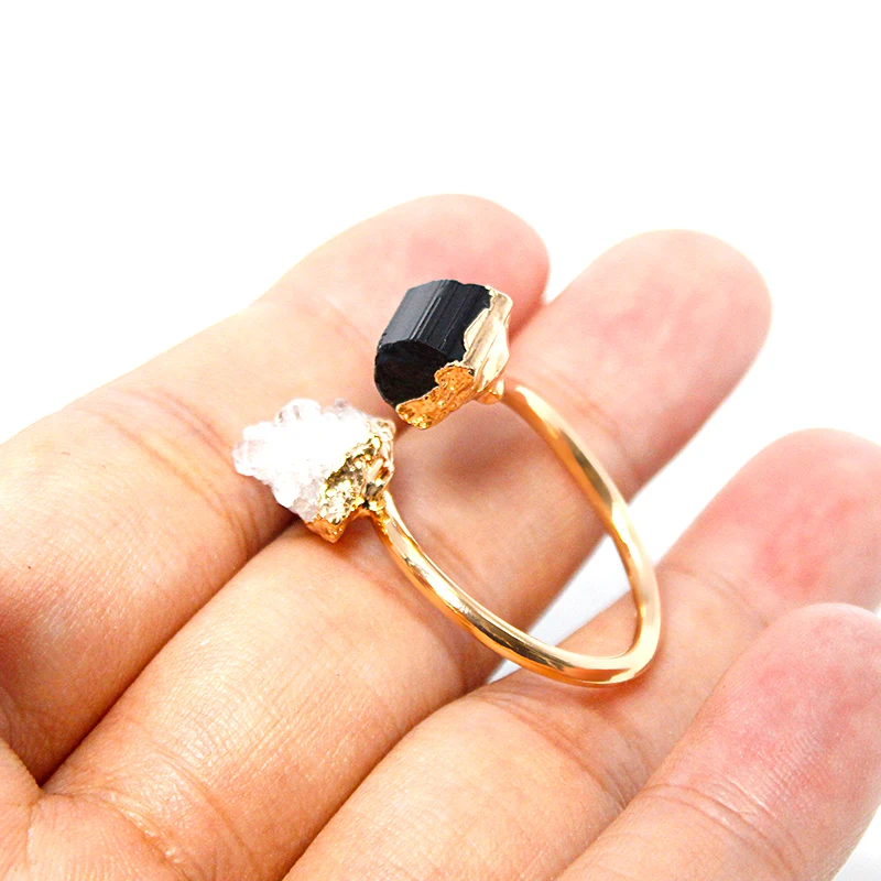 Druzy Crystal Black Tourmaline Open Ring Golden Irregular Handmade Raw Stone Finger Jewelry Adjustable Size