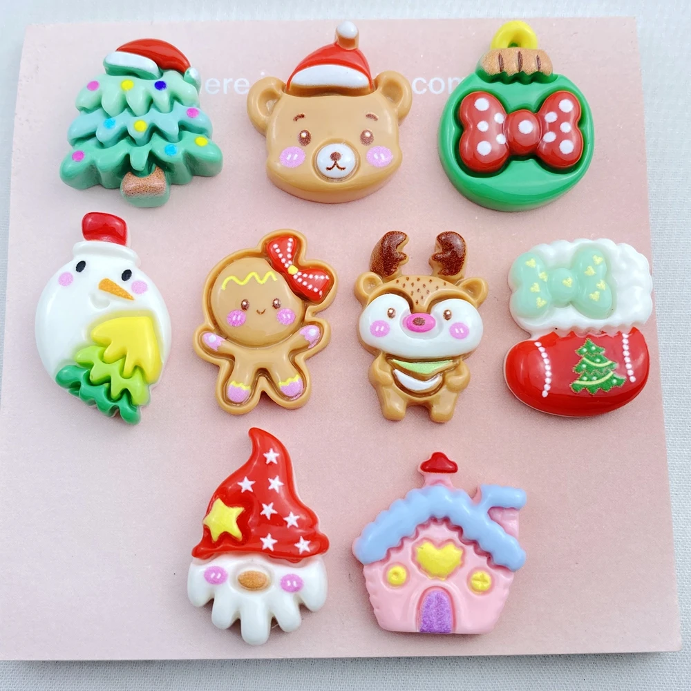 10Pcs Cartoon Resin Cute Christmas Series Flat Bottom Scrapbook Diy Jewelry Hair Clips Phone Case Ornament Accessories