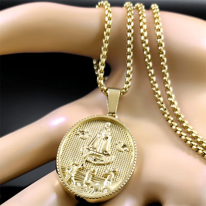 Katolicki naszyjnik z medalem Dziewicy dla kobiet Mężczyźni Stal nierdzewna Złoty kolor Kąt Święty Łańcuch Biżuteria collier NZZ462S02 — zdjęcie 3