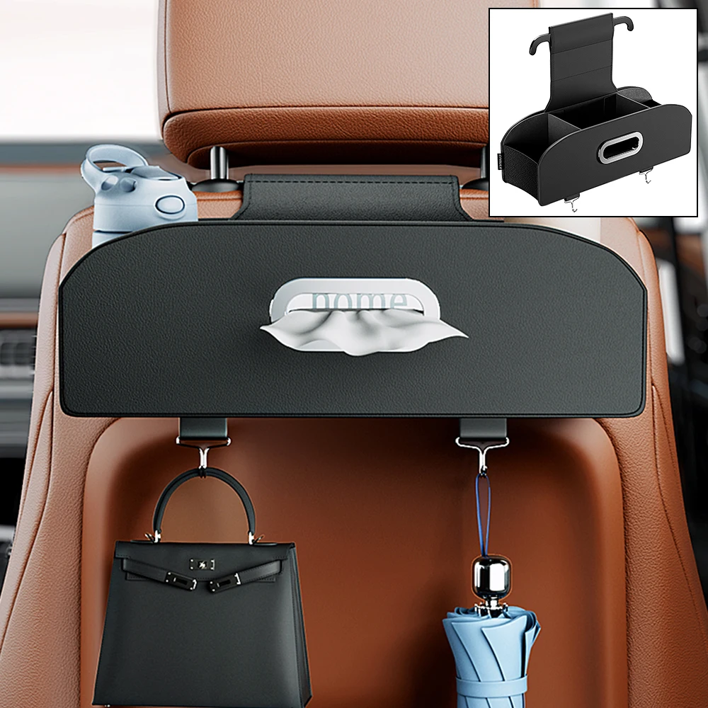 

Foldable Rear Storage Cup Holders, Tissue Box, Hooks Car Seat Back Storage Box Car Hook 5-in-1 Vehicle Storage Box Fixed Buckle