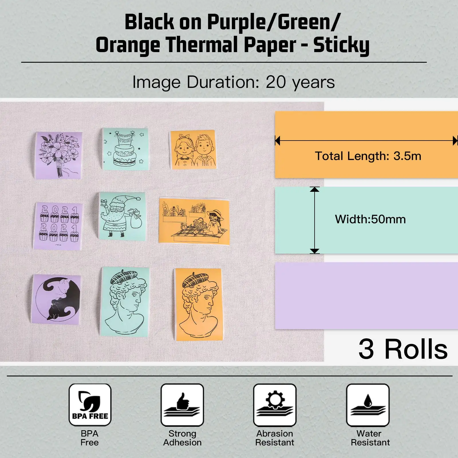 T02/M02X Purple/Green/Orange Thermal Paper-20-Year Sticky 50mmx3.5m for Journal Photo Texts Study Notes and More, 3 Rolls in box