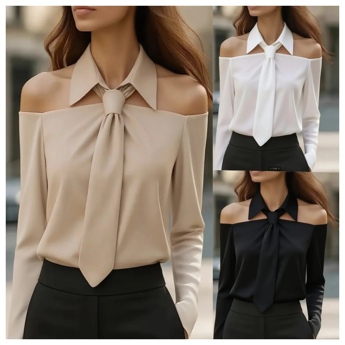 

Women Blouse Top Tie Turn Down Collar Off Shoulder Solid Color Blouses Formal Tops Workwear Shirt Spring Autumn Office Lady