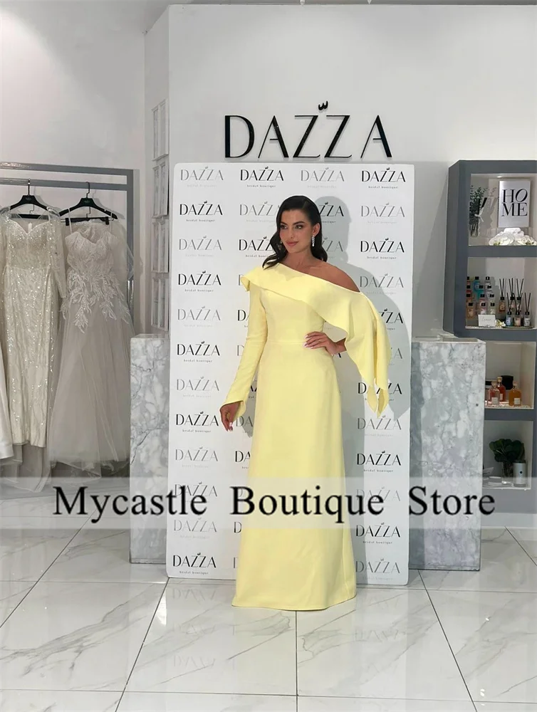 

Customized Yellow One Shoulder Evening Dresses Floor-Length Saudi Arabia Prom Dresses Long Sleeves Formal Party Dress Elegant
