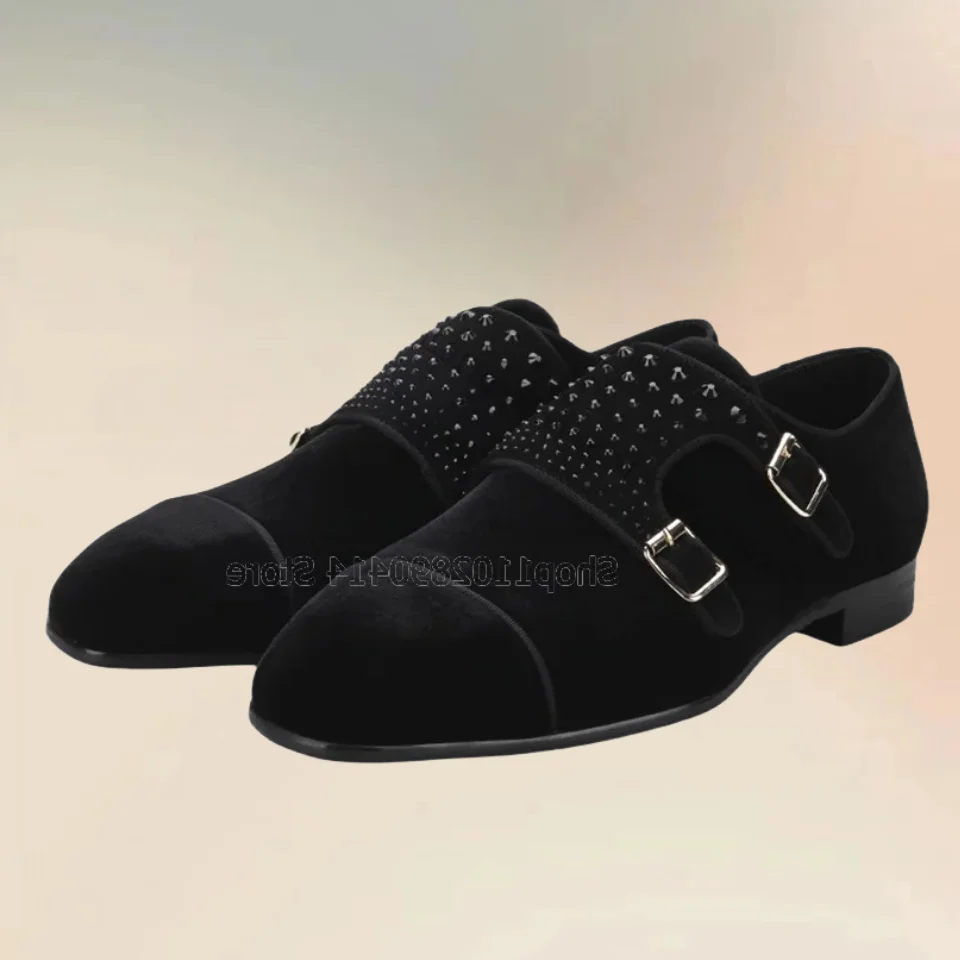 Buckle Decor Black Double Monk Flock Loafers Fashion Slip On Men Shoes Classic Handcraft Party Banquet Office Men Casual Shoes