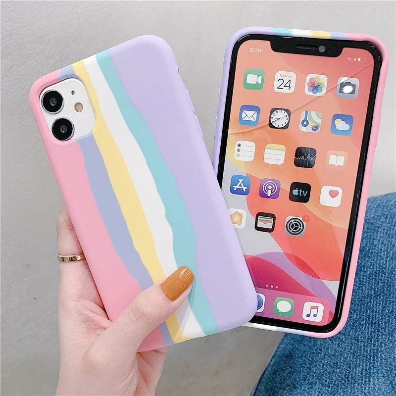 Rainbow Original Liquid Silicone Luxury Case For iPhone 11 12 13 14 Pro Max XR X XS 7 8 Plus SE 2020 Mini Soft Shockproof Cover