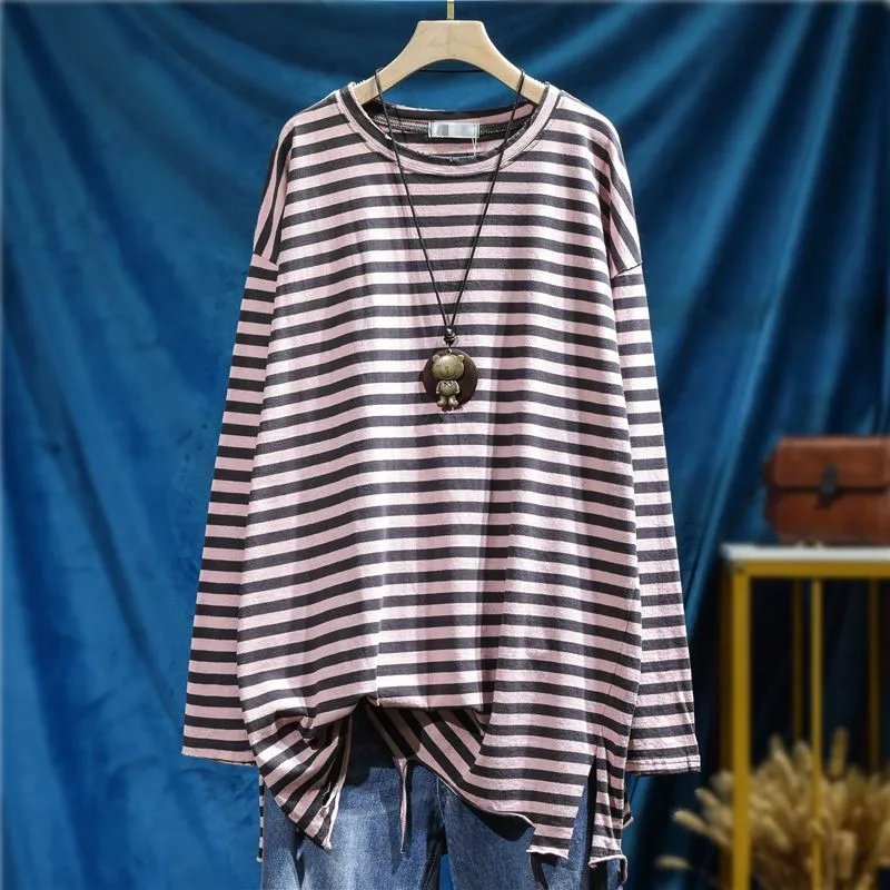 Spring Summer New Arts Style Women Long Sleeve Hole Design Loose O-neck Tee Shirt Femme Tops Cotton Stripe Casual T-shirt C863