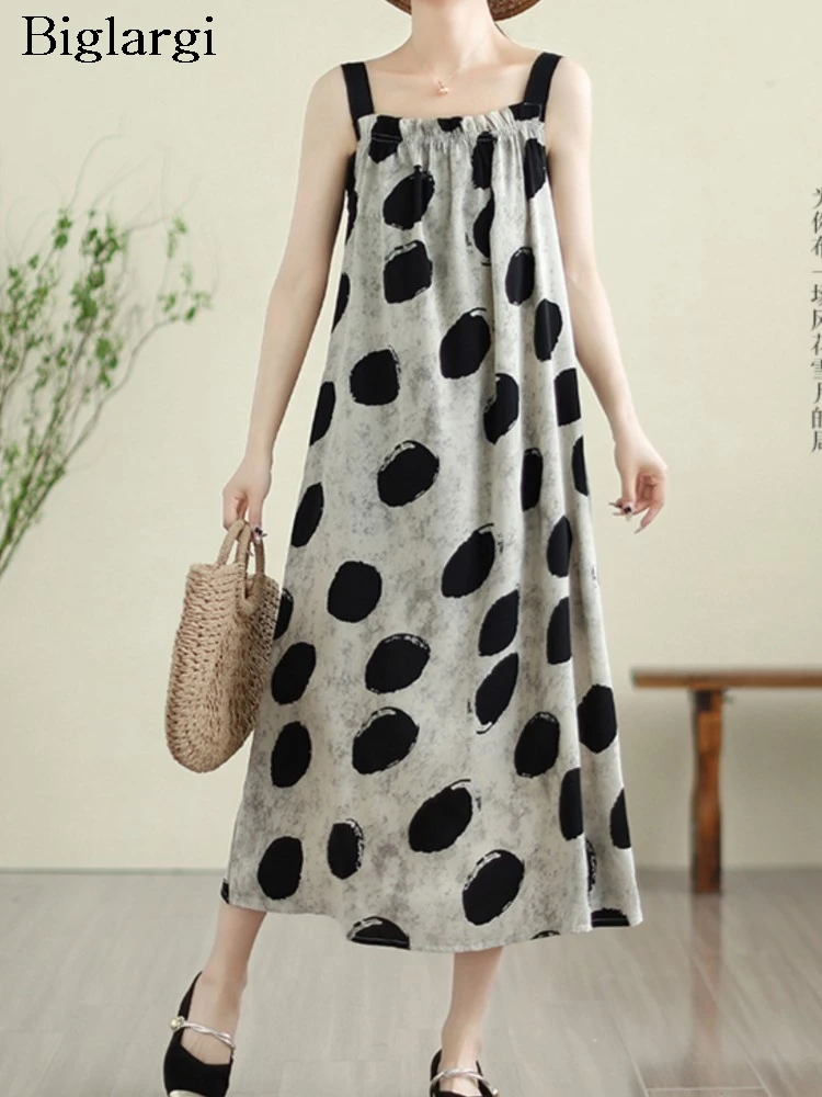 

Oversized Summer Polka Dot Print Sleeveless Slip Dress Women Loose Ruffle Pleated Fashion Ladies Dresses Casual Woman Midi Dress