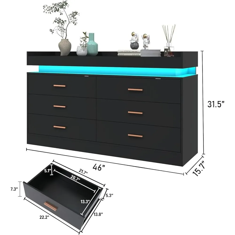 خزانة ملابس مضيئة ذات 6 أدراج مع محطة شحن لتخزين الخزانة الحديثة