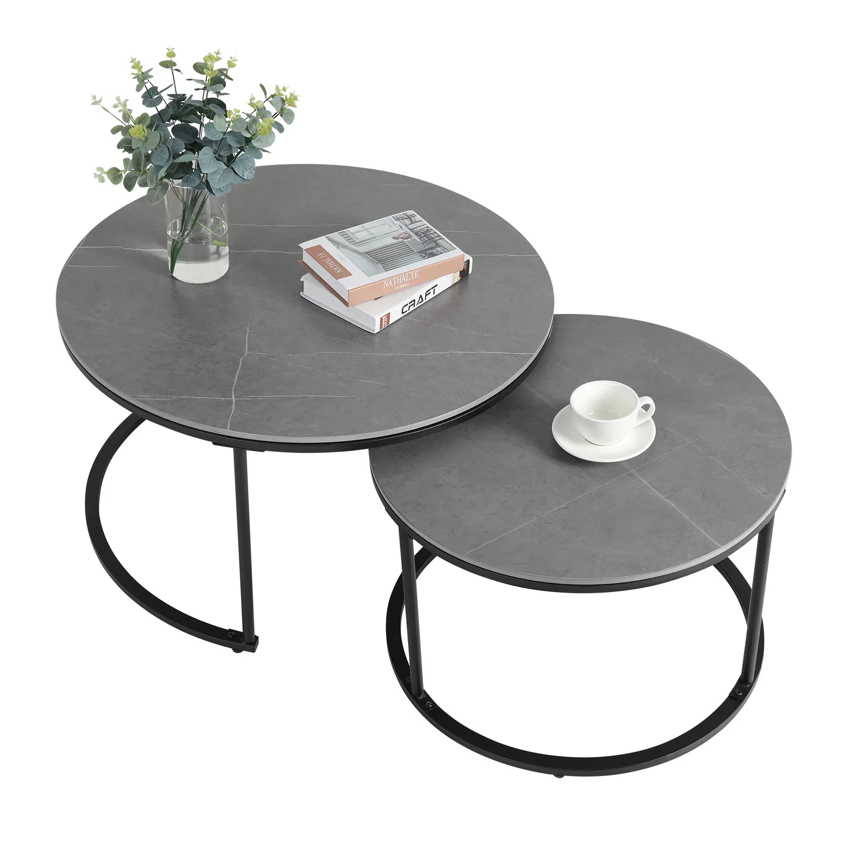 Real Marble Round Nesting Coffee Table Grey Side End Metal Legs Waterproof