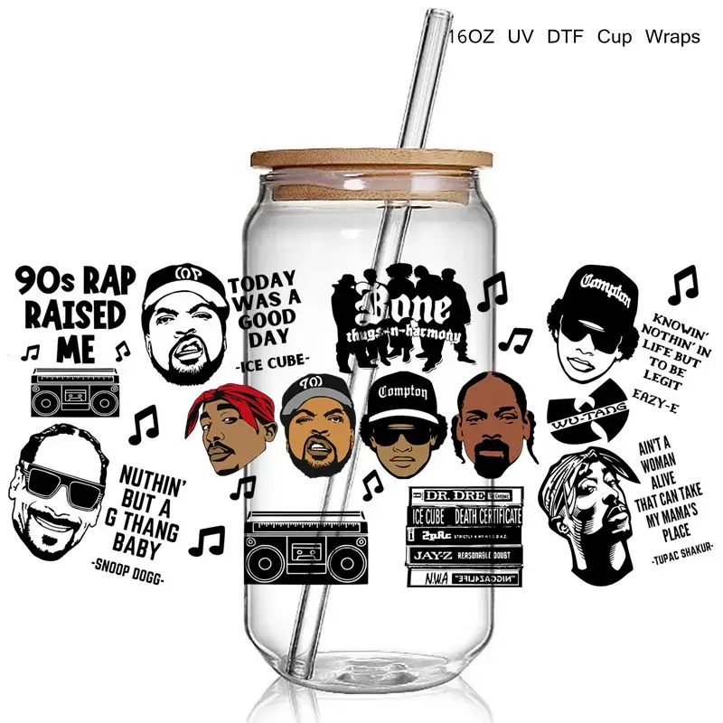4 + موضة المطربين 90S الراب Uv Dtf كأس يلتف نقل ملصق لتقوم بها بنفسك الهيب هوب أسطورة الأشعة فوق البنفسجية كوب التفاف مقاوم للماء ل 16 أوقية أكواب زجاجية #2