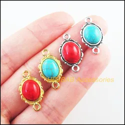 Fashion 20Pcs Retro Gold Color Tibetan Silver Tone Oval Flower Blue&Red Stone Charms Connectors 12x21mm